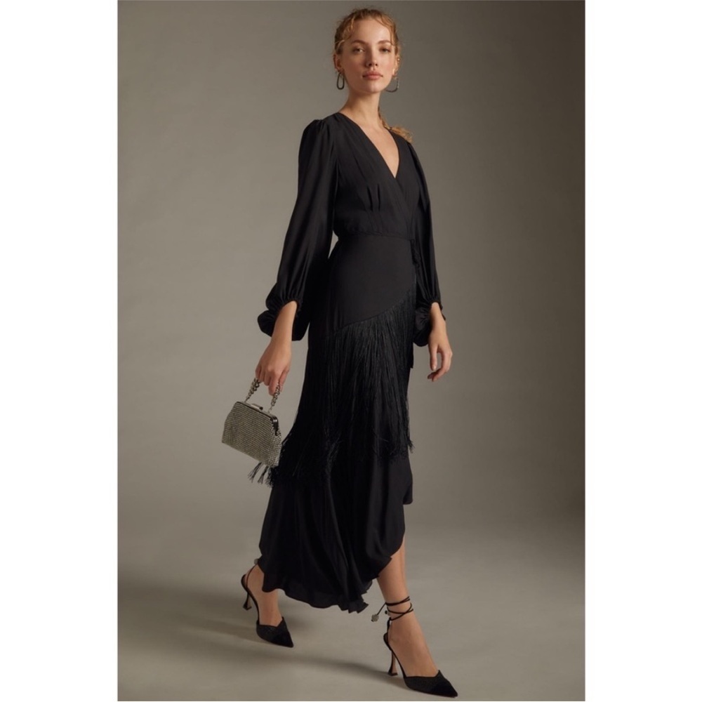 Anthropologie Hutch Fringe Wrap Dress in Black Size S NWT